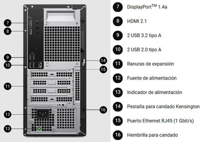 Vista trasera del ordenador Dell Tower modelo ECT1250 con procesador Intel i7-14700, 16 GB de RAM y SSD de 1 TB, mostrando sus conexiones y puertos traseros