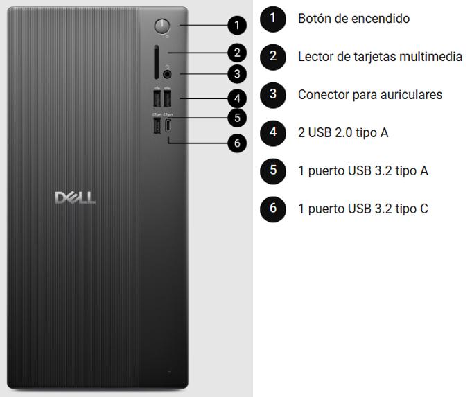 Vista frontal del ordenador Dell Tower modelo ECT1250 con procesador Intel i7-14700, 16 GB de RAM y SSD de 1 TB, mostrando sus conexiones y puertos delanteros