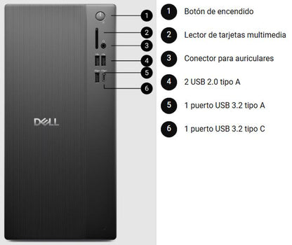 Vista frontal del ordenador Dell Tower modelo ECT1250 con procesador Intel i7-14700, 16 GB de RAM y SSD de 1 TB, mostrando sus conexiones y puertos delanteros
